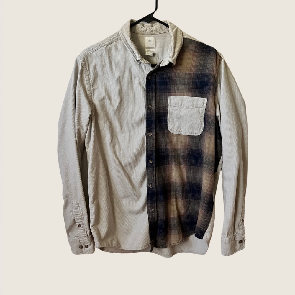 H&M Custom Color Block Flannel & Corduroy Cream Button Down